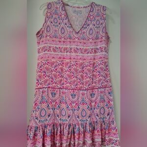 AMELIA QUIN RESORT LUXURY WEAR V-NECK PINK MIXED PRINTED FLORAL DRESS sz Medium